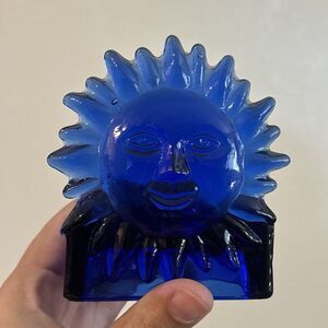 Vintage Cobalt Blue Whimsical Face Sun Celestial Votive Candle Holders